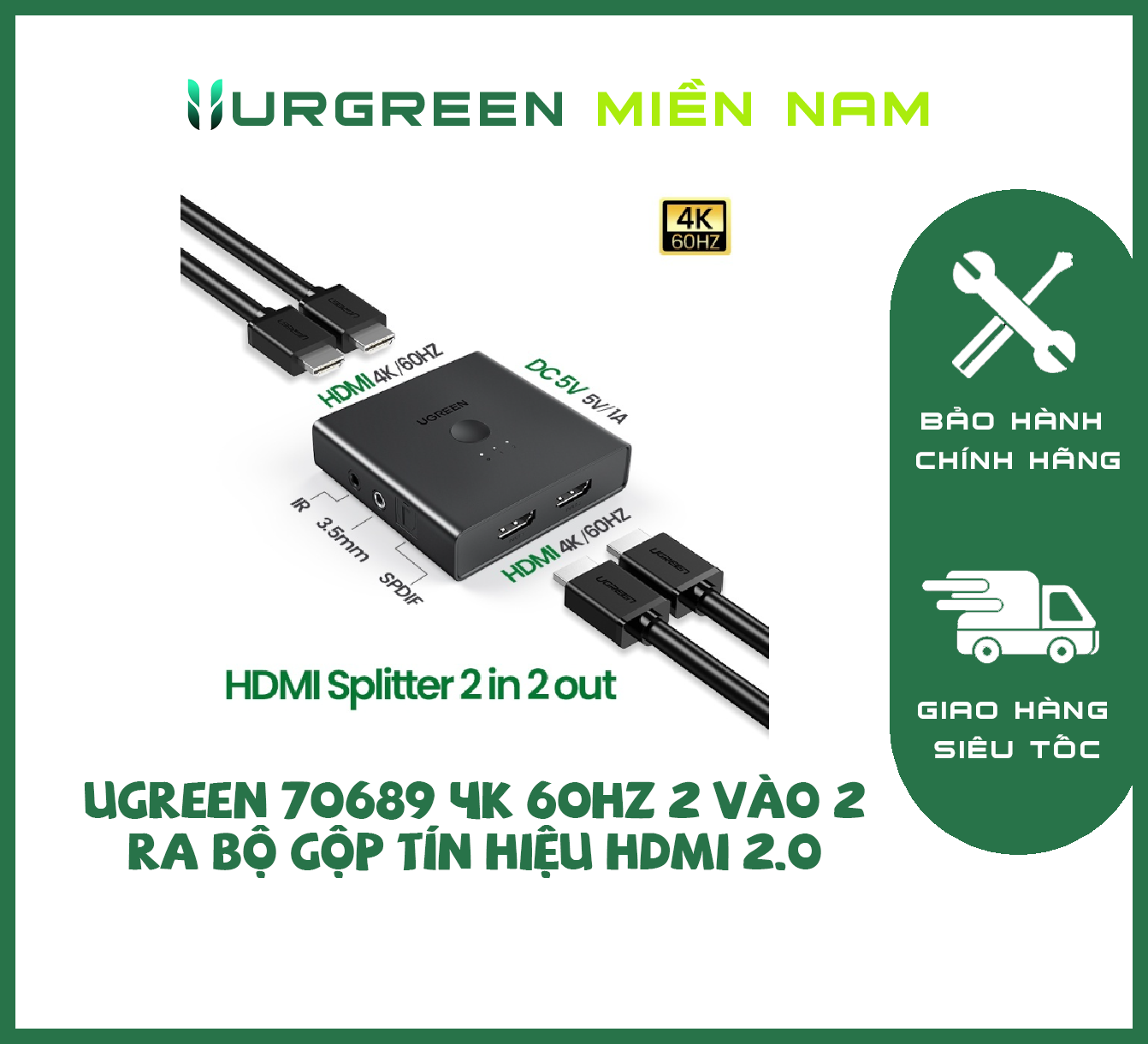 Ugreen 70689 4K 60hz 2 vào 2 ra bộ gộp tín hiệu HDMI 2.0 màu đen CM318